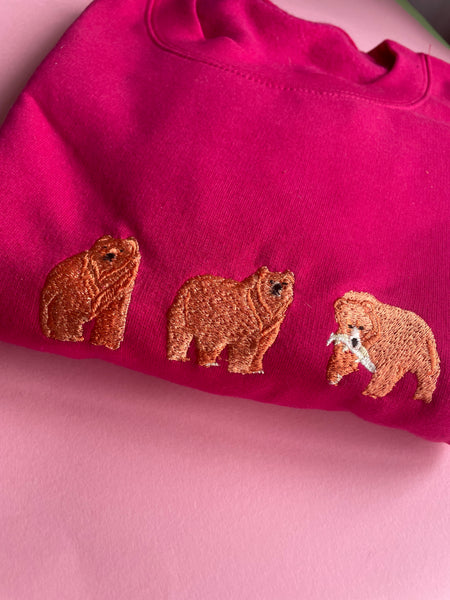 Brown bears embroidered on sweatshirt, Hot Pink Jumper with bears