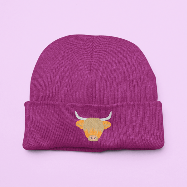 Highland Cow Beanie Hat, Embroidered Highland Cow