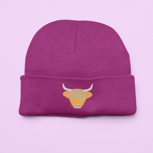 Highland Cow Beanie Hat, Embroidered Highland Cow