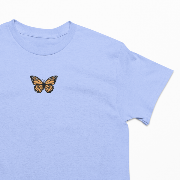 Light blue t-shirt with a Monarch butterfly Embroidered.
