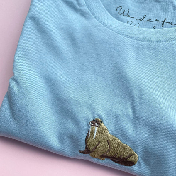 Walrus Tshirt embroidered Wonderful World, Walrus Tshirt