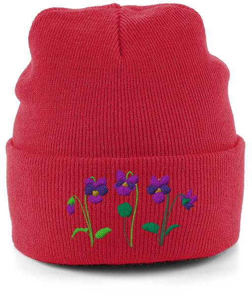 Violet embroidered beanie hat