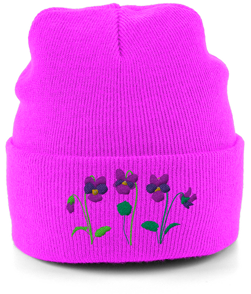 Violet embroidered beanie hat