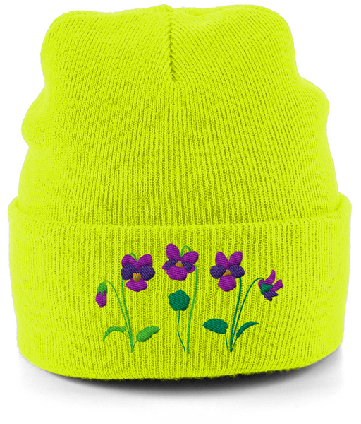 Violet embroidered beanie hat