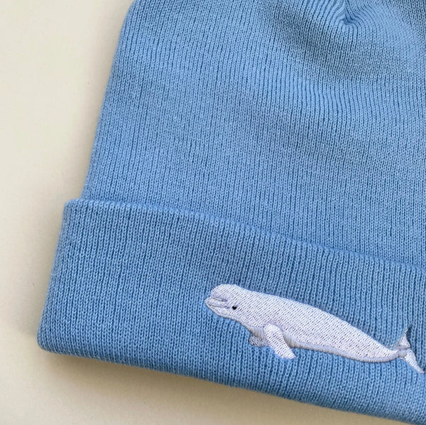 Beluga whale beanie hat embroidered by Wonderful World