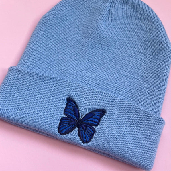 Blue Butterfly Embroidered Beanie Hat