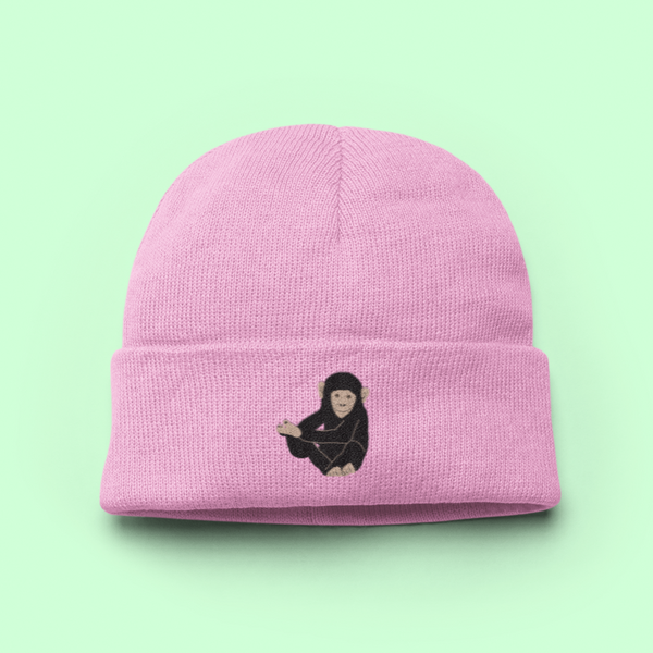 Chimpanzee beanie hat, Chimp embroidered beanie, Wonderful World