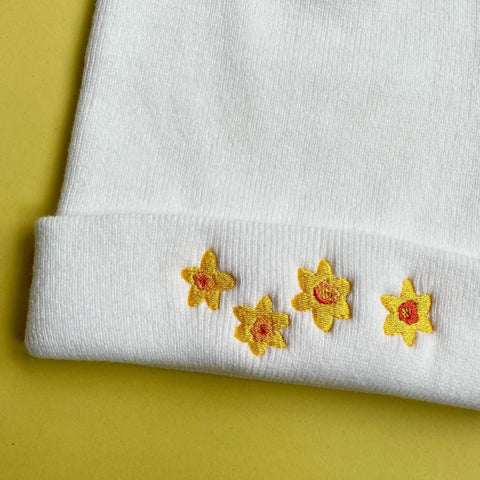 Daffodil embroided beanie hat, Wonderful World daffodil beanie hat