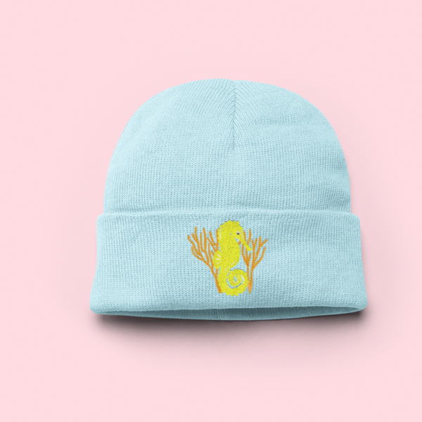 Seahorses embroidered beanie hat