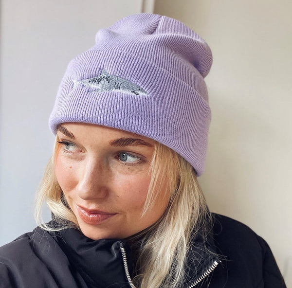 Lavender Shark Embroidered Beanie Hat