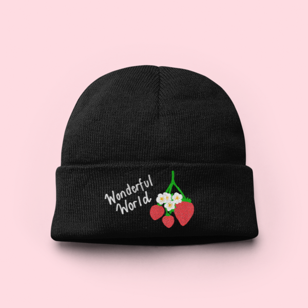 Wonderful World Strawberry Embroidered Beanie Hat