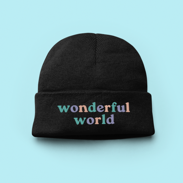 Wonderful World Embroidered Beanie hat, Wonderful World beanie, UK