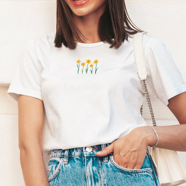 Daffodil embroidered cotton tshirt embroidered by Wonderful World