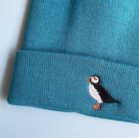 Puffin embroidered beanie hat