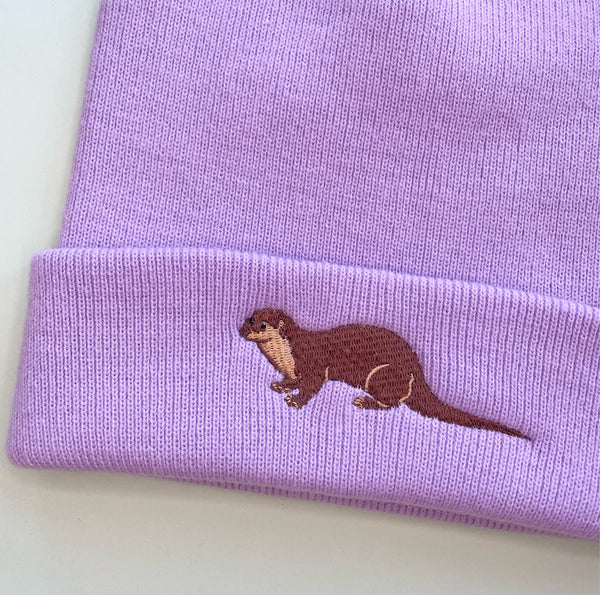 Otter Embroidered Lavender Beanie Hat, Wonderful World, Otters