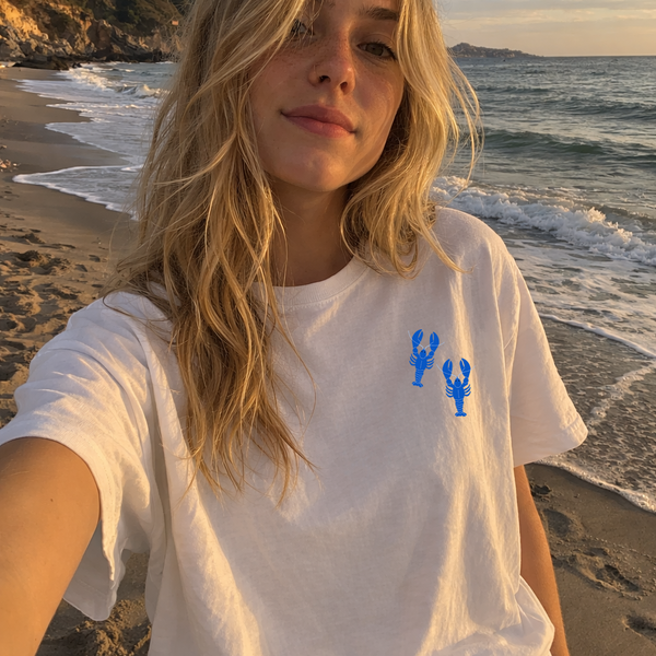 Blue Lobster Embroidered Tshirt, Wonderful World, Blue Lobsters