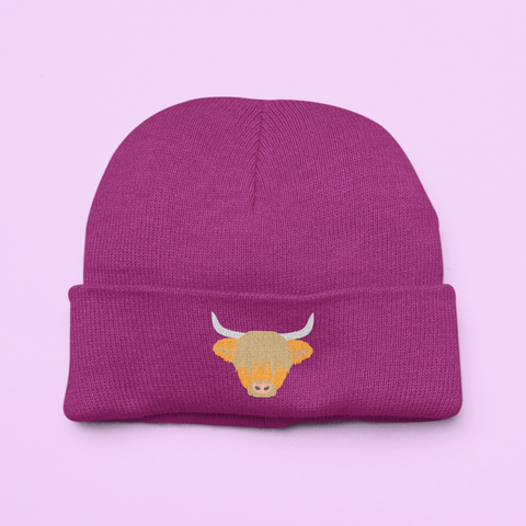 Highland Cow Beanie Hat, Embroidered Highland Cow