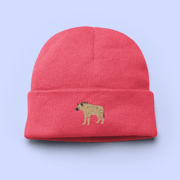 Embroidered Hyena on a Red beanie.