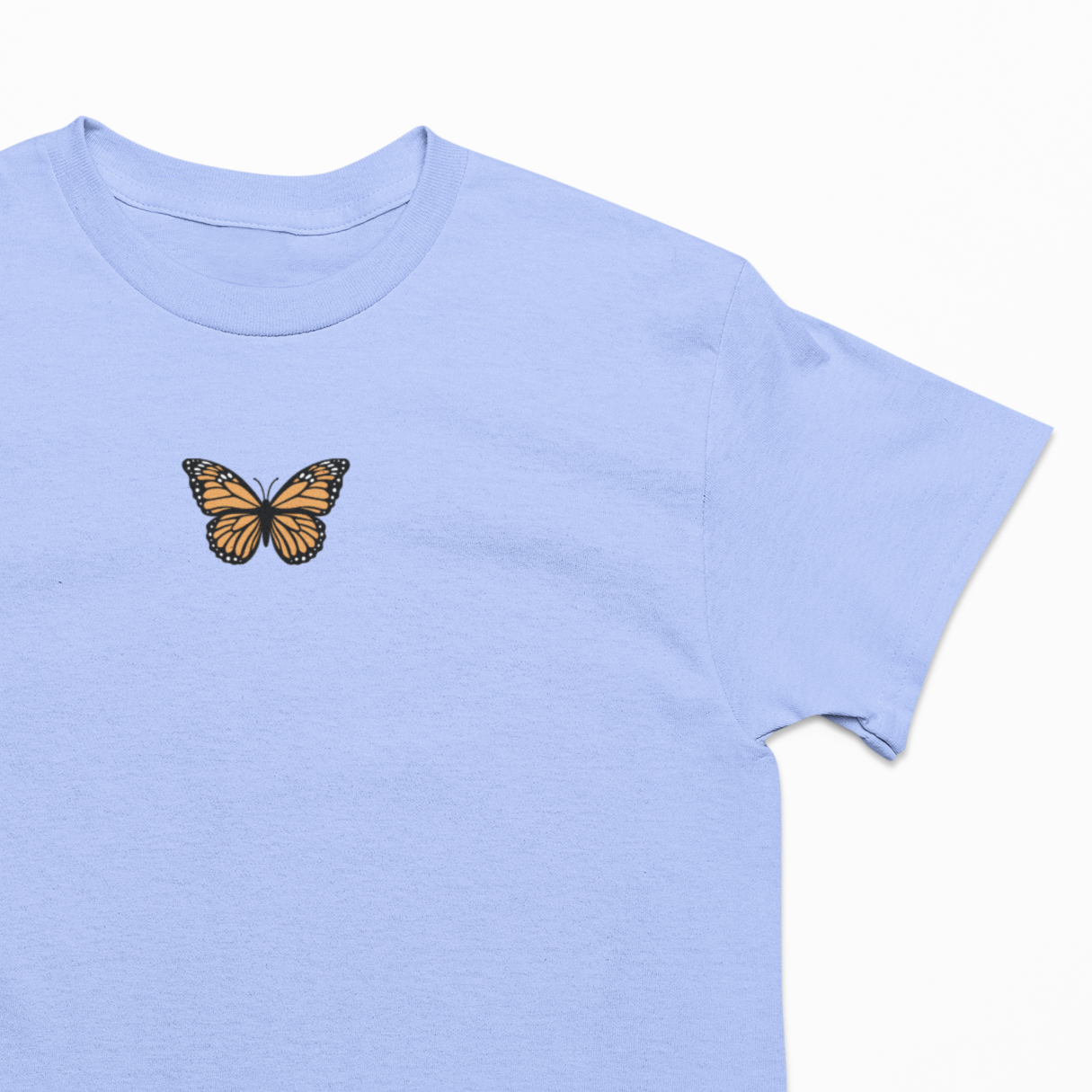Light blue t-shirt with a Monarch butterfly Embroidered.