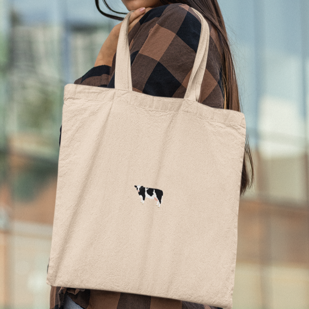 Small Canvas Tote Bag with Cow & Anti Patriarchy Embroidery