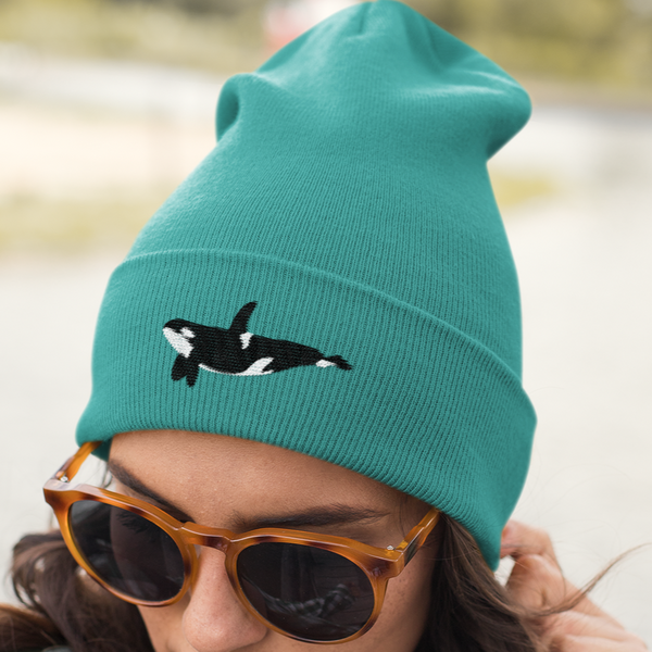 Embroidered Beanie Green Orca Whale Beanie Hat